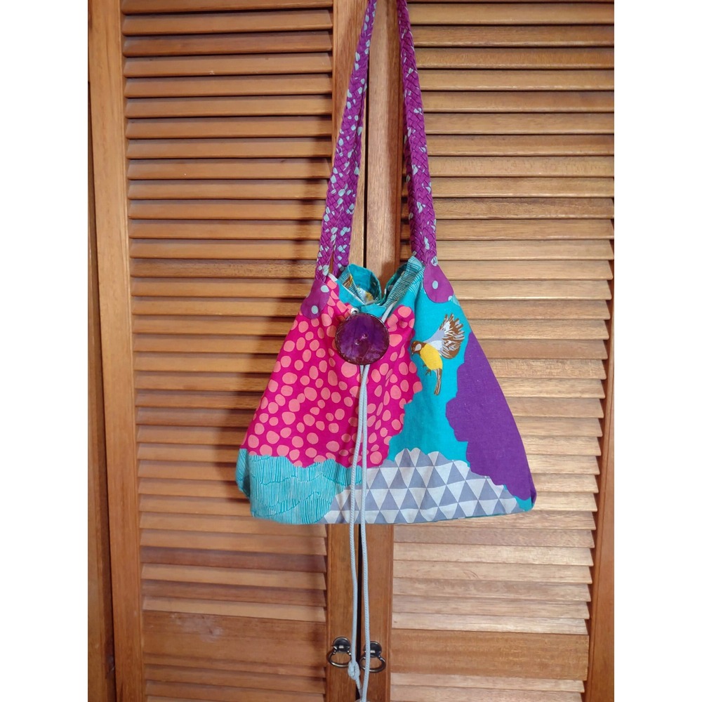 Handmade Patchwork Shoulder or Tote Bag Women OS Multicolor Boho Bird Drawstring